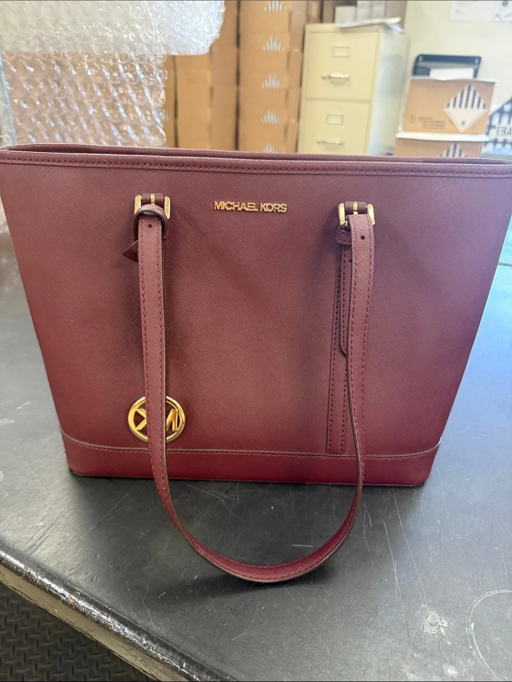 Michael Kors Wine Saffiano Tote with Gold Accents